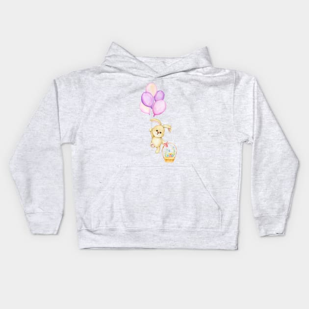 Cute bunny holding balloons and Easter egg basket floats up to the sky. Kids Hoodie by Be my good time
